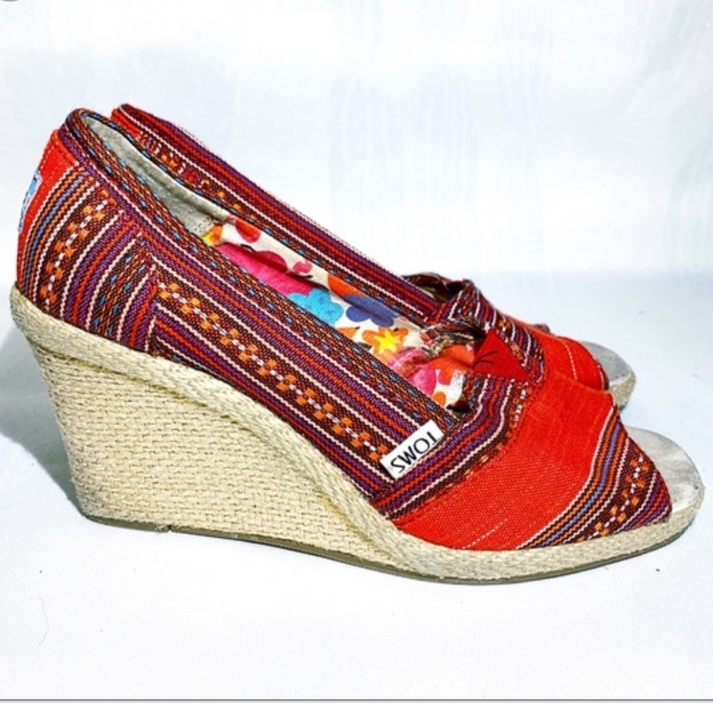 TOMS Stella Peep Toe Espadrille Red Aztec Wedges